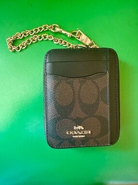 Coach Black Signature Card Holder with Gold Chain Accent